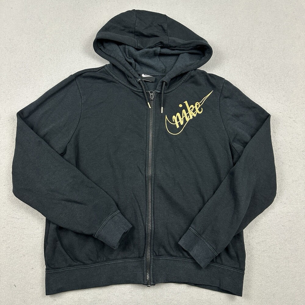 Nike Hoodie Women Medium Black Solid Gold Swoosh Spell Out Sweatshirt M